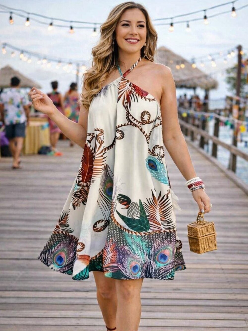 Peacock Print OPEN Halter Back Sleeveless Tropical Resort Mini Dress Women L